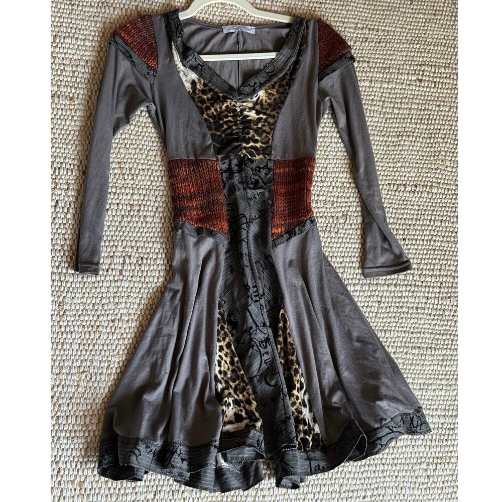 Zone Bleue Paris Euro VTG Mixed Media Patchwork Dress Knit Leopard Print Y2K S